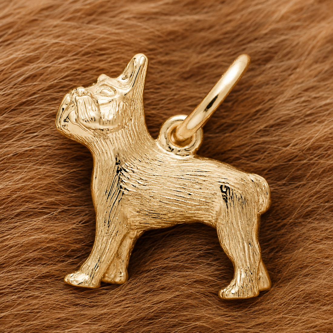 A French Bulldog Dog Charm—gold plated by Rembrandt Charms—rests atop a soft, brown, fur-like surface, making an elegant pet keepsake and a thoughtful gift for any dog lover.
