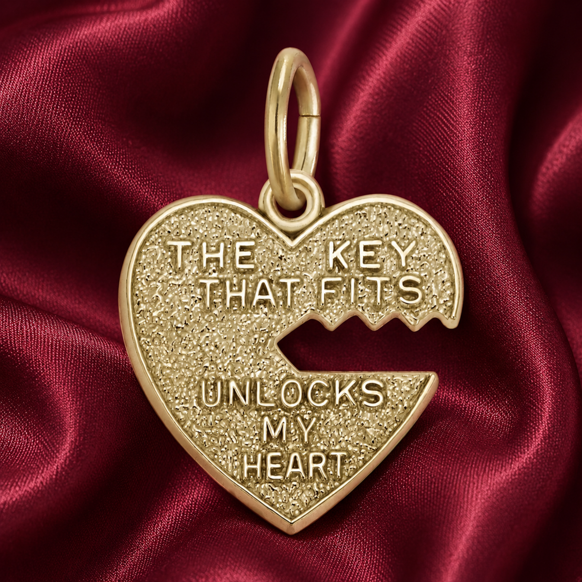 The Rembrandt Charms Heart and Key Charm in sterling silver, featuring a heart-shaped design with a unique jagged cut and engraved with “THE KEY THAT FITS UNLOCKS MY HEART,” placed on red satin fabric—makes the perfect anniversary gift or treasured heart and key charm for your loved one.