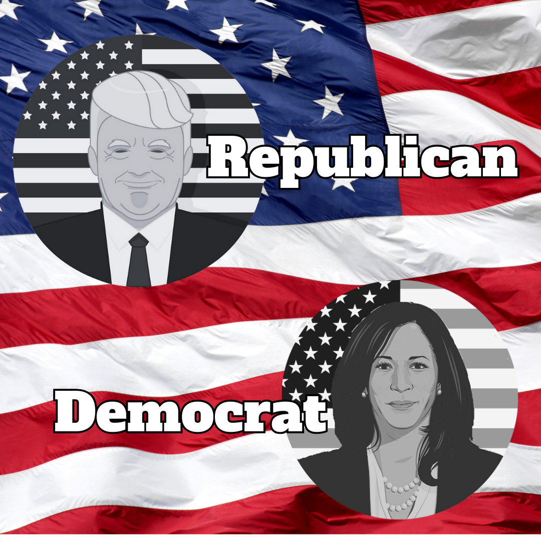 Illustration of two grayscale portraits labeled "Republican" and "Democrat," featuring Trump and Kamala Harris against a backdrop of a waving American flag, reminiscent of the design on the 2024 Election Challenge Coin – Trump vs Kamala – Decision-Maker Flip Coin by William Baxley & Avonlea Jewelers.