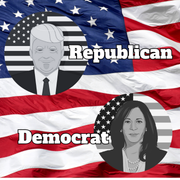 Illustration of two grayscale portraits labeled "Republican" and "Democrat," featuring Trump and Kamala Harris against a backdrop of a waving American flag, reminiscent of the design on the 2024 Election Challenge Coin – Trump vs Kamala – Decision-Maker Flip Coin by William Baxley & Avonlea Jewelers.