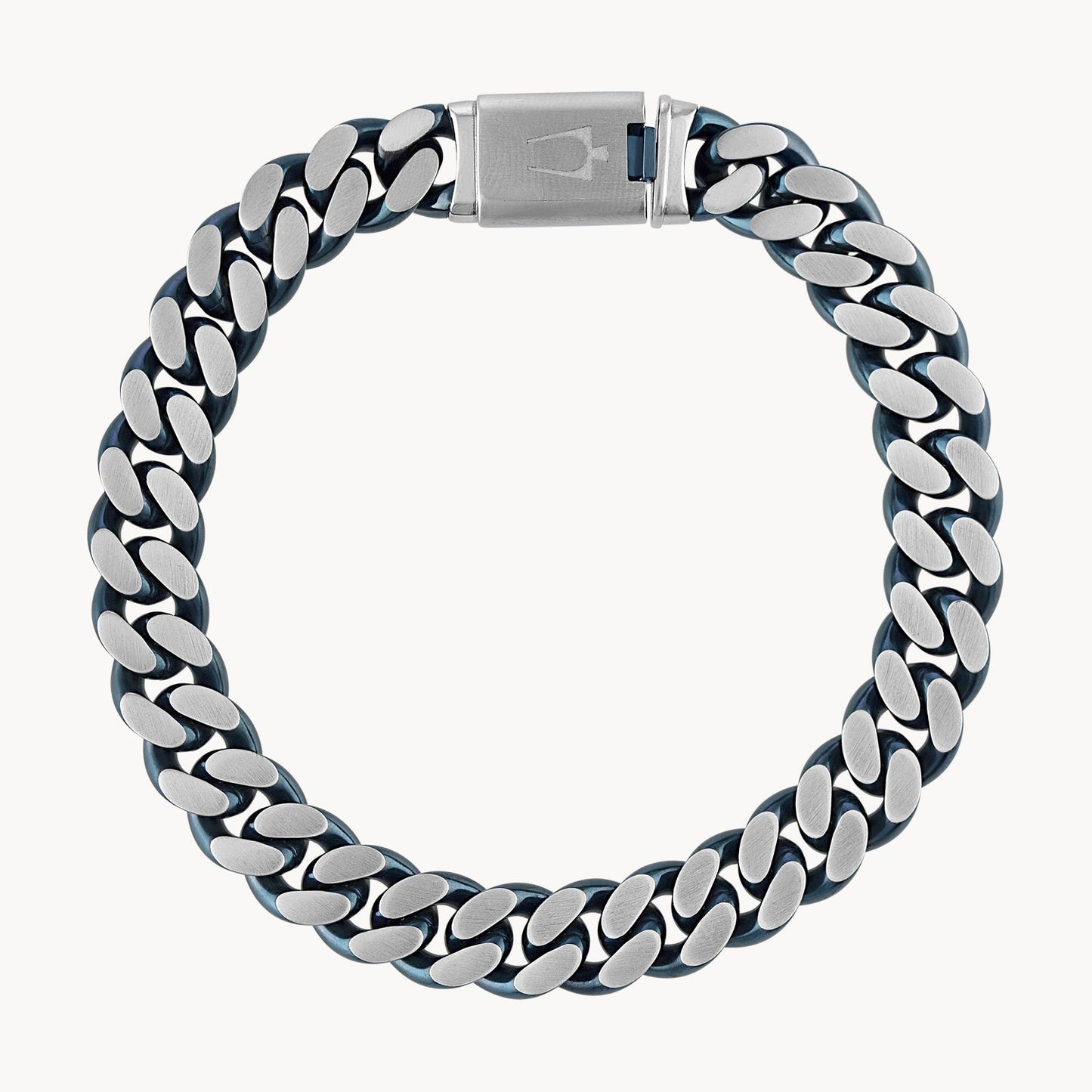 A bold men's accessory, the Bulova Watch Company Curb Chain Bracelet features chunky stainless steel links and a box clasp, shown in a circular shape on a plain white background.