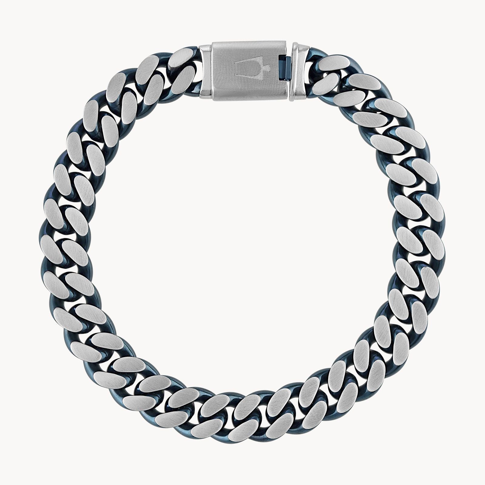 A bold men's accessory, the Bulova Watch Company Curb Chain Bracelet features chunky stainless steel links and a box clasp, shown in a circular shape on a plain white background.