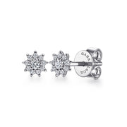 The Gabriel & Co 14K White Gold Cluster Diamond Flower Stud Earrings feature a floral design and butterfly backings, with "GABRIEL & CO." engraved on the back.