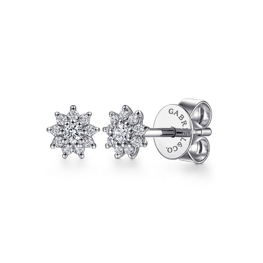 The Gabriel & Co 14K White Gold Cluster Diamond Flower Stud Earrings feature a floral design and butterfly backings, with "GABRIEL & CO." engraved on the back.