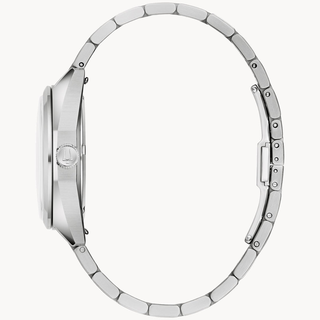 Side view of the Bulova Jet Star Watch by Bulova Watch Company, featuring a maroon dial, round face, visible crown, and stainless steel bracelet laid horizontally with the clasp partially open against a white background.