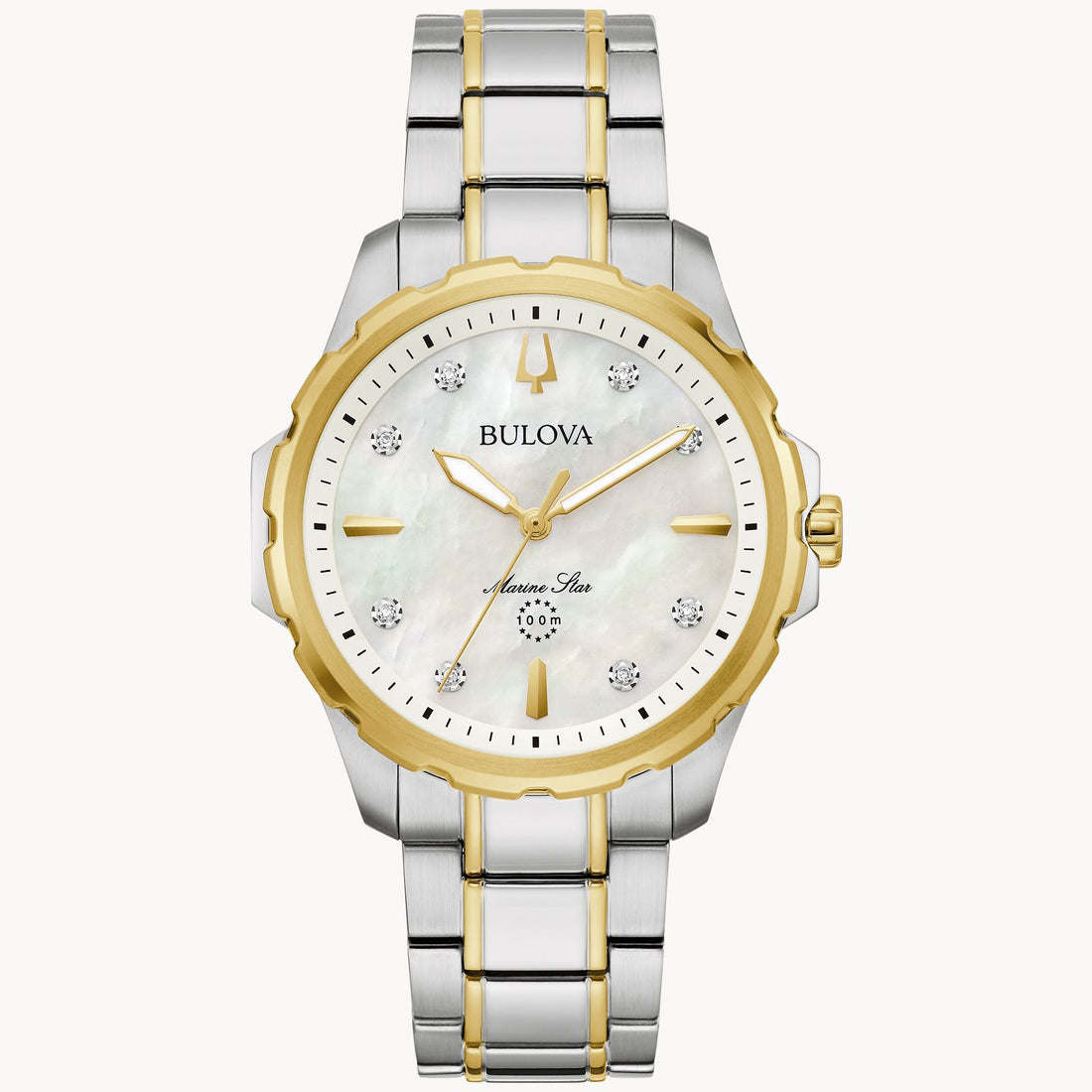 The luxurious Marine Star Ladies' Watch from Bulova Watch Company showcases a silver and gold-tone stainless steel bracelet. Its round face is adorned with diamond accents, gold hands, and a mother-of-pearl dial. This exquisite timepiece is water-resistant up to 100 meters.