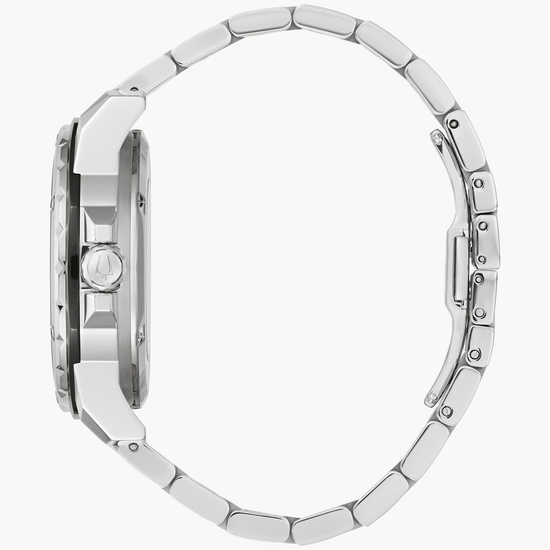 Side view of a silver metal Bulova Marc Anthony Blue Dial Automatic Watch with a polished bracelet and a round case. The watch crown is visible, the bracelet features a clasp, and it boasts diamond hour markers. This precision automatic movement timepiece has a sleek and modern design with a flat profile.