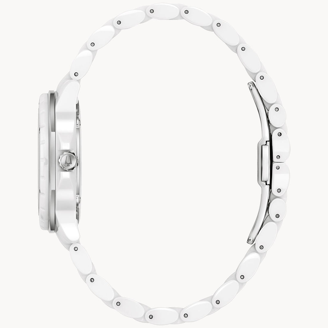 Side view of the Bulova Watch Company Marc Anthony Marine Star White Dial Women's Watch, featuring a slim, round case and linked bracelet for a sleek profile and secure metal clasp.