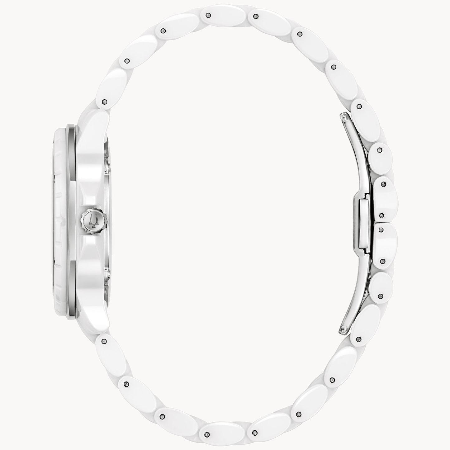 Side view of the Bulova Watch Company Marc Anthony Marine Star White Dial Women's Watch, featuring a slim, round case and linked bracelet for a sleek profile and secure metal clasp.