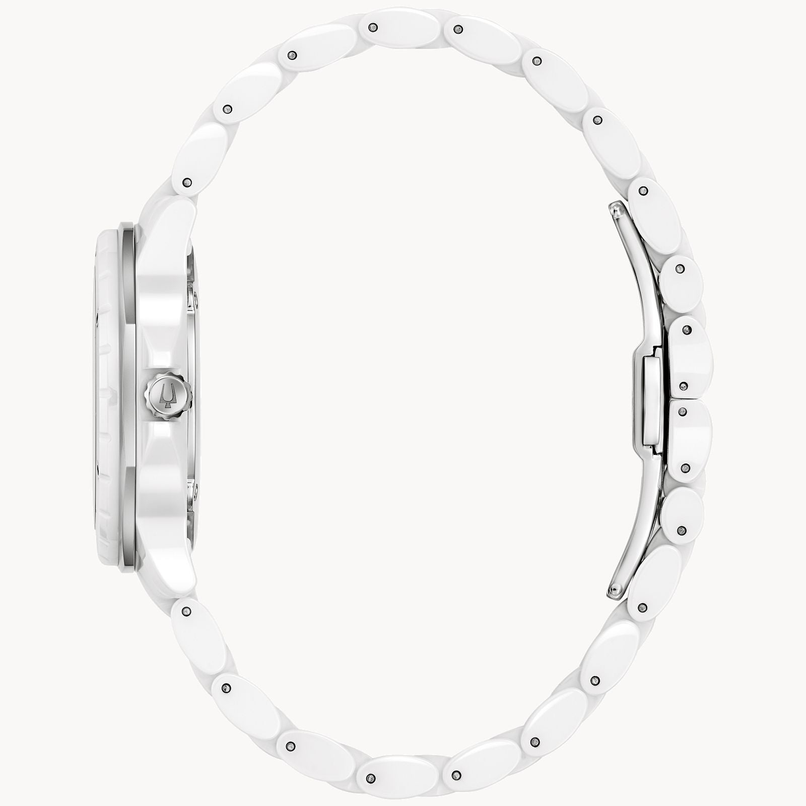 Side view of the Bulova Watch Company Marc Anthony Marine Star White Dial Women's Watch, featuring a slim, round case and linked bracelet for a sleek profile and secure metal clasp.