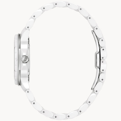 Side view of the Bulova Watch Company Marc Anthony Marine Star White Dial Women's Watch, featuring a slim, round case and linked bracelet for a sleek profile and secure metal clasp.