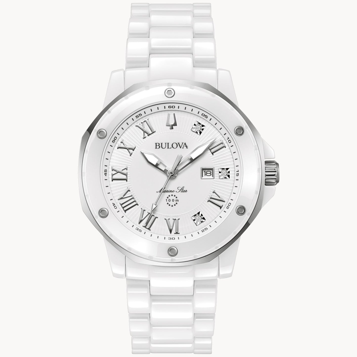 The Bulova Marc Anthony Marine Star White Dial Women's Watch by Bulova Watch Company features a metallic bezel, Roman numerals, diamond hour markers, date window, white ceramic bracelet, and a modern design.