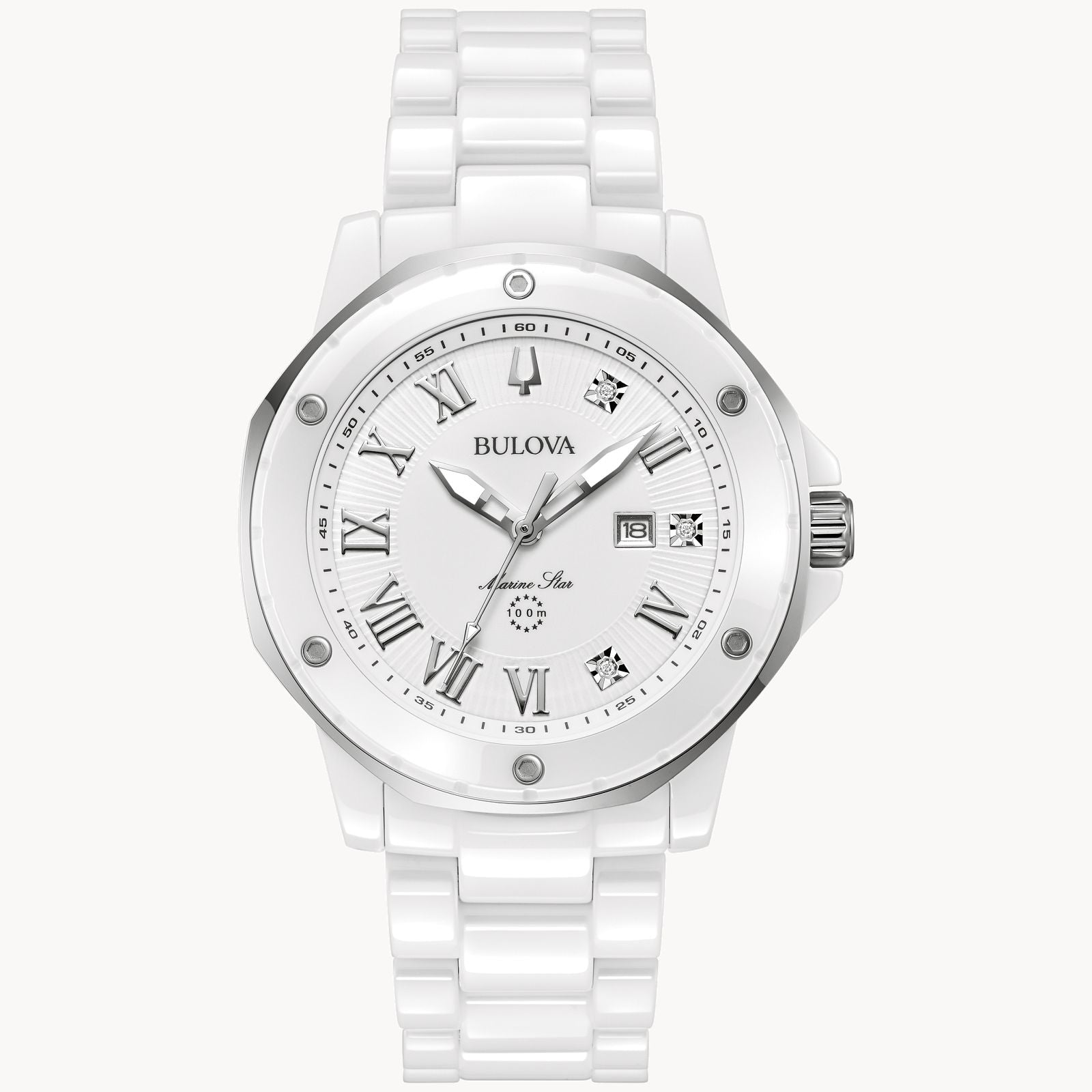 The Bulova Marc Anthony Marine Star White Dial Women's Watch by Bulova Watch Company features a metallic bezel, Roman numerals, diamond hour markers, date window, white ceramic bracelet, and a modern design.