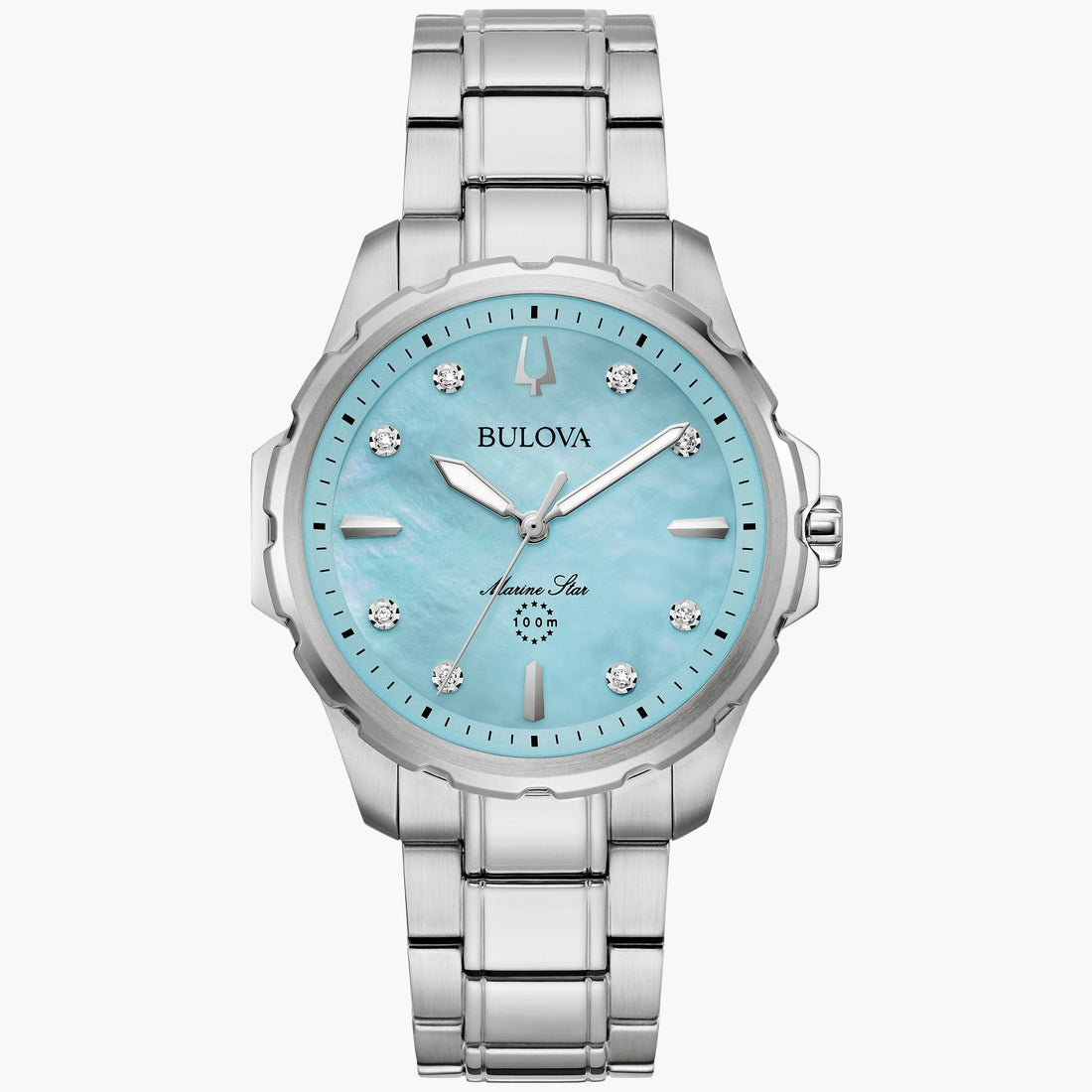The Bulova Watch Company Marine Star Ladies' Watch features a light blue mother of pearl dial, diamond accents, silver hour markers, a stainless steel band, and 100m water resistance.