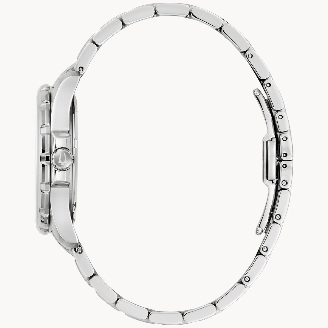 Side view of the Bulova Marine Star Ladies' Watch with a slim silver metal case, linked bracelet, detailed clasp and crown, sparkling diamond accents, and an elegant mother of pearl dial.