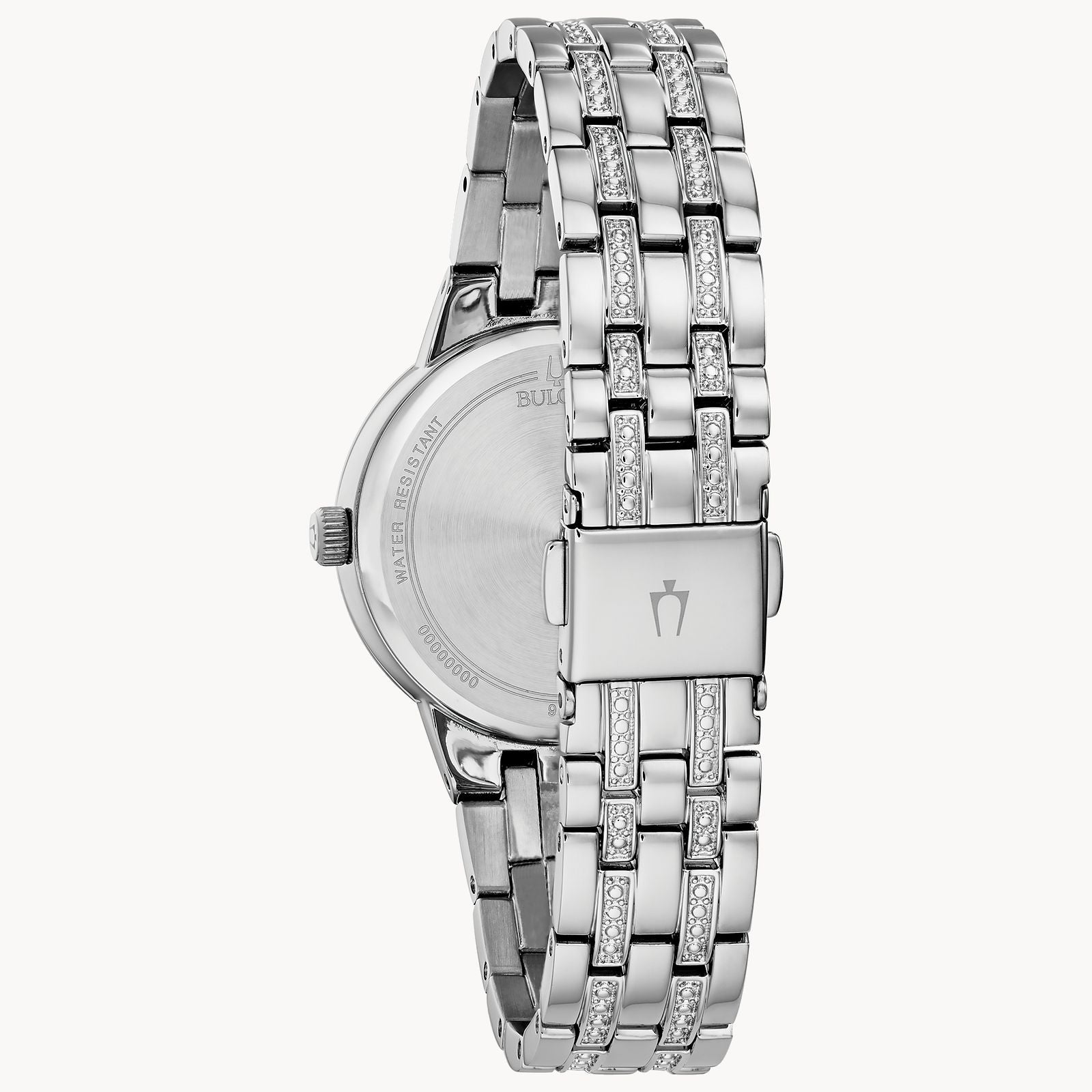 A Bulova Watch Company CRYSTAL L W BR BL C120 wristwatch viewed from the back, featuring a stainless steel link band with embedded crystals and a clasp engraved with the Bulova tuning fork logo.
