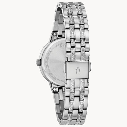 A Bulova Watch Company CRYSTAL L W BR BL C120 wristwatch viewed from the back, featuring a stainless steel link band with embedded crystals and a clasp engraved with the Bulova tuning fork logo.