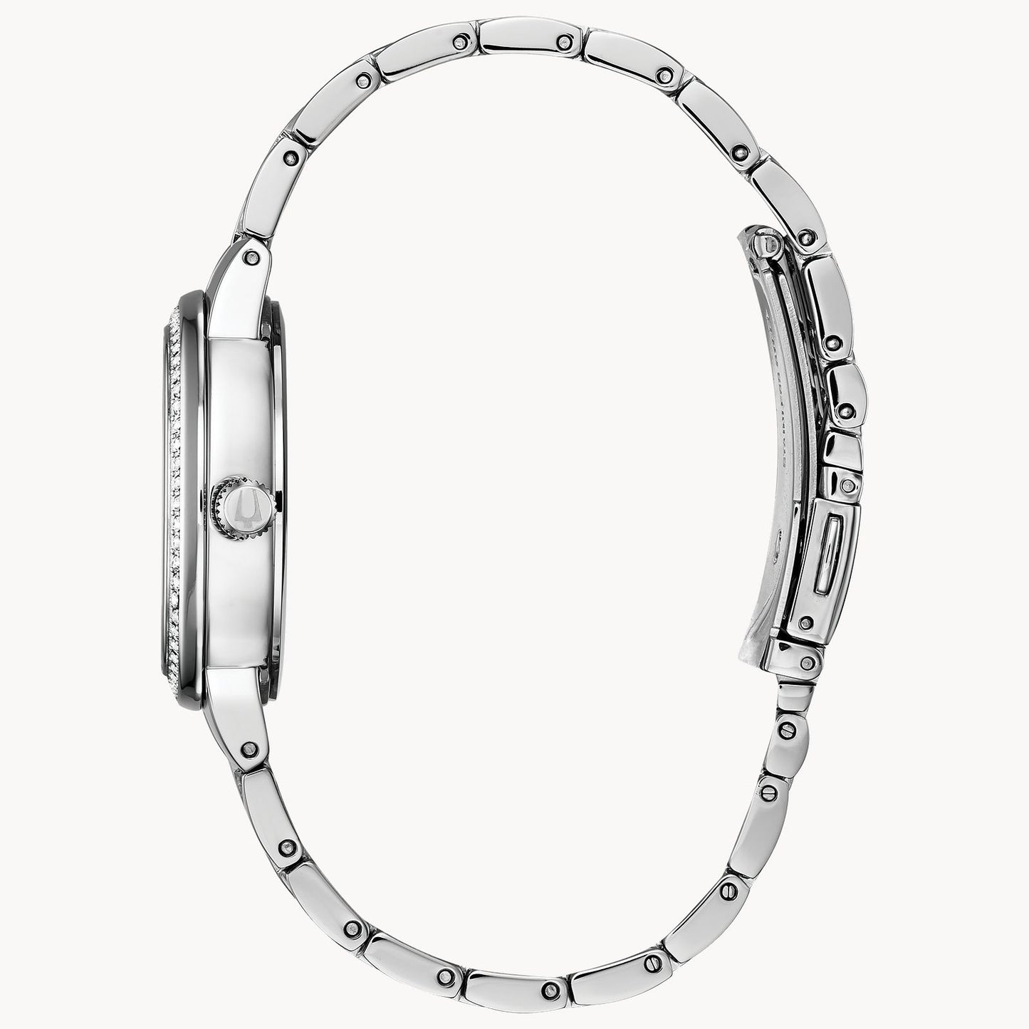 Side view of the Bulova Watch Company CRYSTAL L W BR BL C120 in silver, displaying its slim, round case and metal link band with visible clasp detail against a white background.