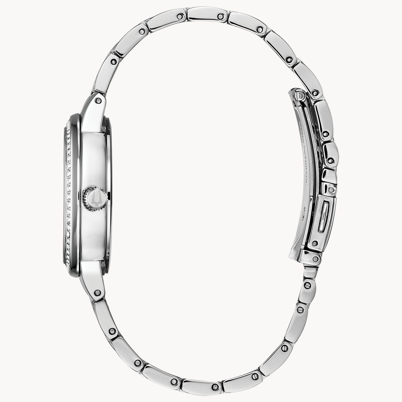 Side view of the Bulova Watch Company CRYSTAL L W BR BL C120 in silver, displaying its slim, round case and metal link band with visible clasp detail against a white background.