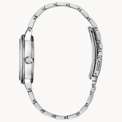Side view of the Bulova Watch Company CRYSTAL L W BR BL C120 in silver, displaying its slim, round case and metal link band with visible clasp detail against a white background.
