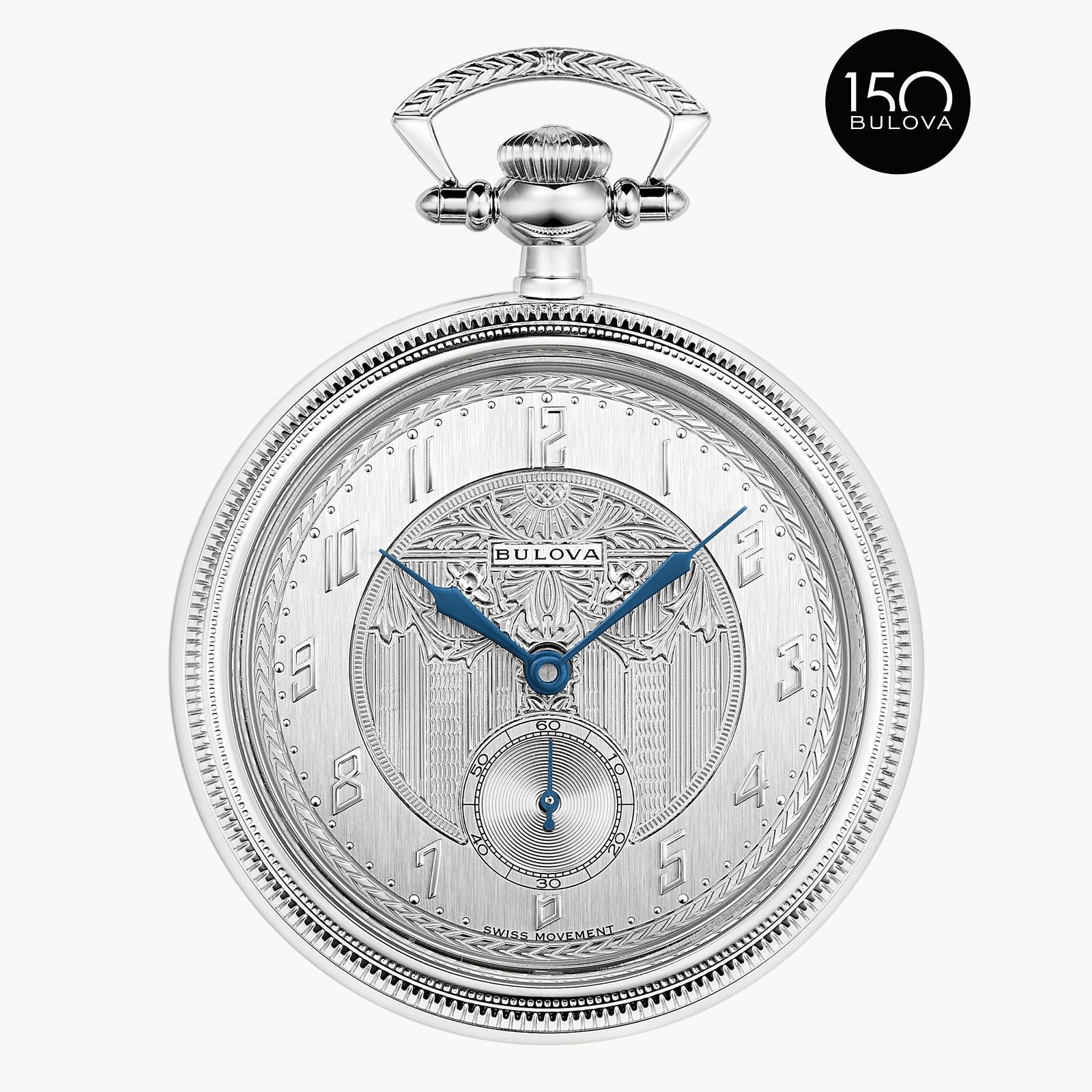 The Bulova Limited Edition Silver-Tone Stainless Steel Chain Pocket Watch features blue hands, an art deco dial with the Bulova logo, and a "150 Bulova" anniversary insignia in the upper right corner.