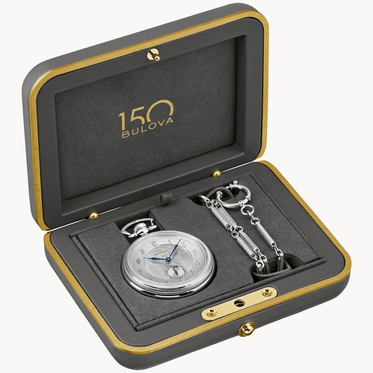 The Bulova Watch Company Limited Edition Silver-Tone Stainless Steel Chain Pocket Watch comes in a black and gold display box with "150 Bulova" in gold lettering on the inside lid.