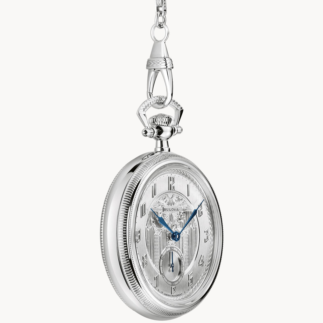 The Bulova Watch Company Limited Edition Silver-Tone Stainless Steel Chain Pocket Watch features Roman numerals, blue hands, an engraved face design, and the brand name below the 12 o’clock position.