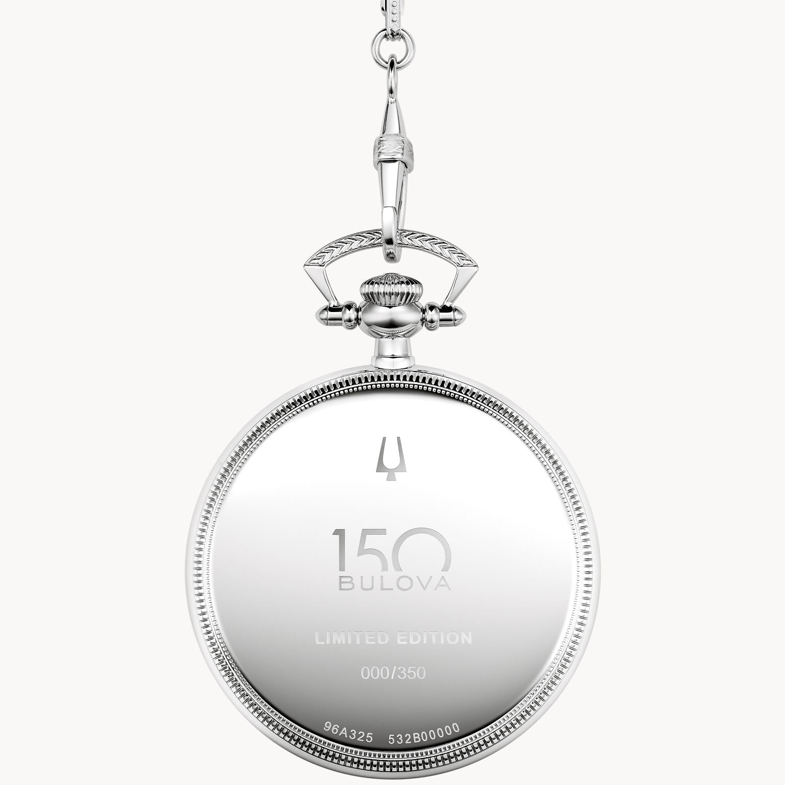 The Bulova Watch Company Limited Edition Silver-Tone Stainless Steel Chain Pocket Watch features a beaded edge, reflective finish, and an engraved back with "150 Bulova Limited Edition 000/350" among other markings.