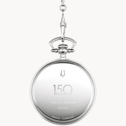 The Bulova Watch Company Limited Edition Silver-Tone Stainless Steel Chain Pocket Watch features a beaded edge, reflective finish, and an engraved back with "150 Bulova Limited Edition 000/350" among other markings.