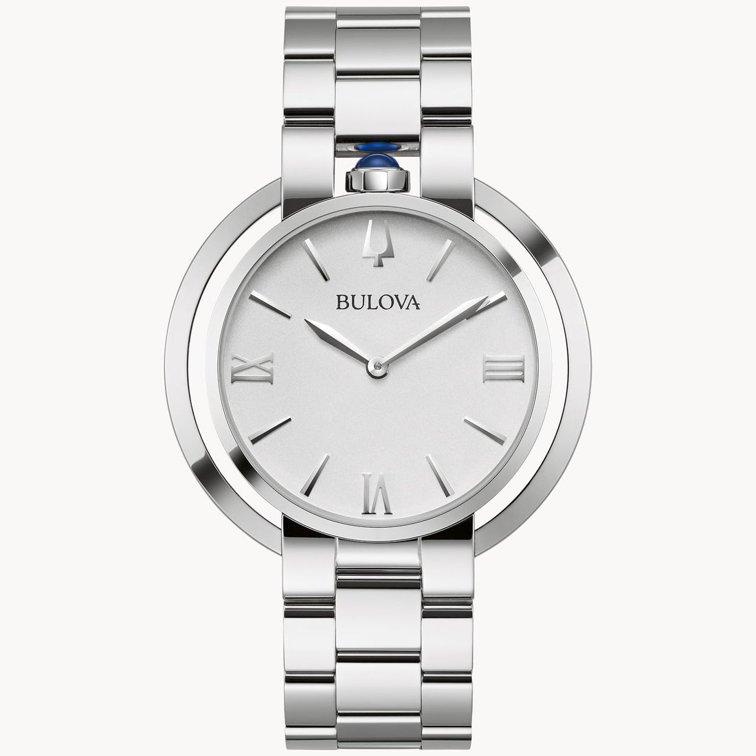 The Bulova Rubaiyat Women's White Dial Stainless Steel Watch by Bulova Watch Company features a silver-tone case, metallic band, minimalist white face with silver Roman numerals and hands, quartz movement, and a blue accent on the crown.