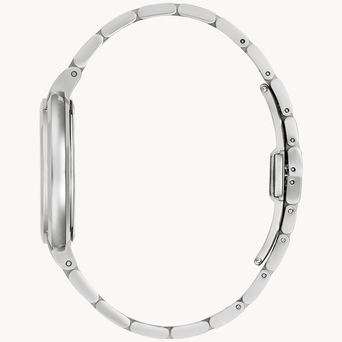 Side view of the Bulova Rubaiyat Women's White Dial Stainless Steel Watch by Bulova Watch Company, showcasing its slim round case, linked bracelet band, and quartz movement against a white background.