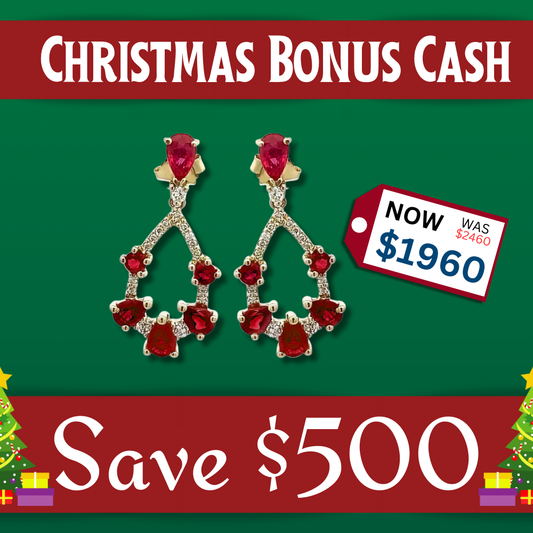Ryan Gems’ Ruby and Diamonds Dangle Earrings in yellow gold featured in a Christmas Bonus Cash promo—now $1960, was $2460. Save $500! Festive decorations and a green background highlight this stunning holiday offer.
