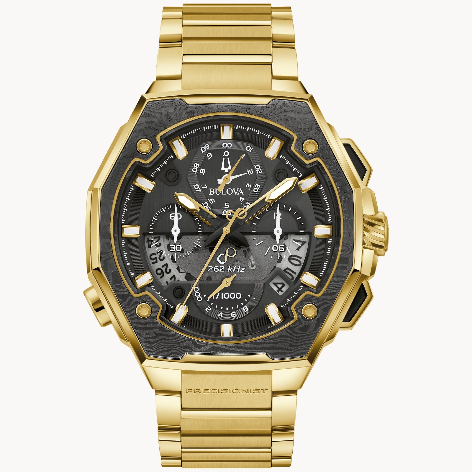 The Bulova Watch Company’s Series X SE | Damascus Steel Watch features a bold angular case, black textured dial with gold markers and hands, multiple subdials, precise chronograph functions, and a thick gold metal bracelet.