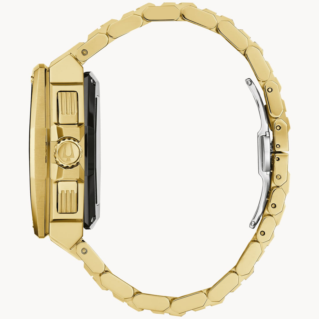 The Bulova Watch Company Series X SE | Damascus Steel men's chronograph watch in gold is shown side-on, showcasing its bold case, control buttons, intricate bracelet links with clasp detail, and Precisionist movement.
