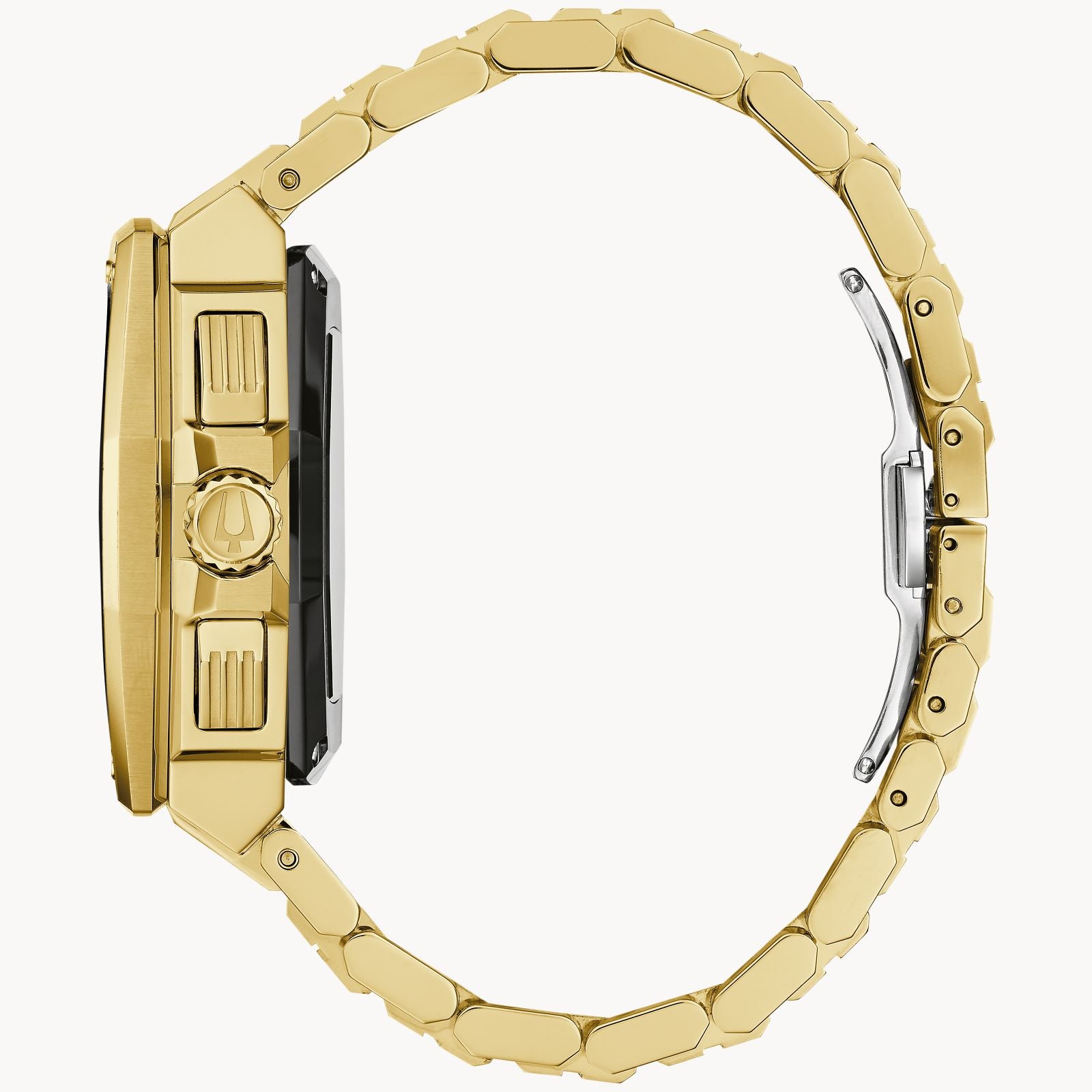 The Bulova Watch Company Series X SE | Damascus Steel men's chronograph watch in gold is shown side-on, showcasing its bold case, control buttons, intricate bracelet links with clasp detail, and Precisionist movement.