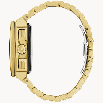 The Bulova Watch Company Series X SE | Damascus Steel men's chronograph watch in gold is shown side-on, showcasing its bold case, control buttons, intricate bracelet links with clasp detail, and Precisionist movement.