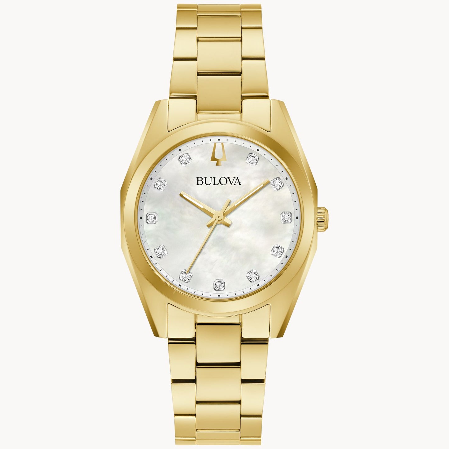 The Bulova Watch Company Ladies Surveyor features a stainless steel band, mother-of-pearl dial, sapphire crystal, and crystal hour markers with no numerals.
