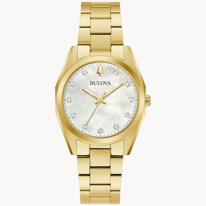 The Bulova Watch Company Ladies Surveyor features a stainless steel band, mother-of-pearl dial, sapphire crystal, and crystal hour markers with no numerals.