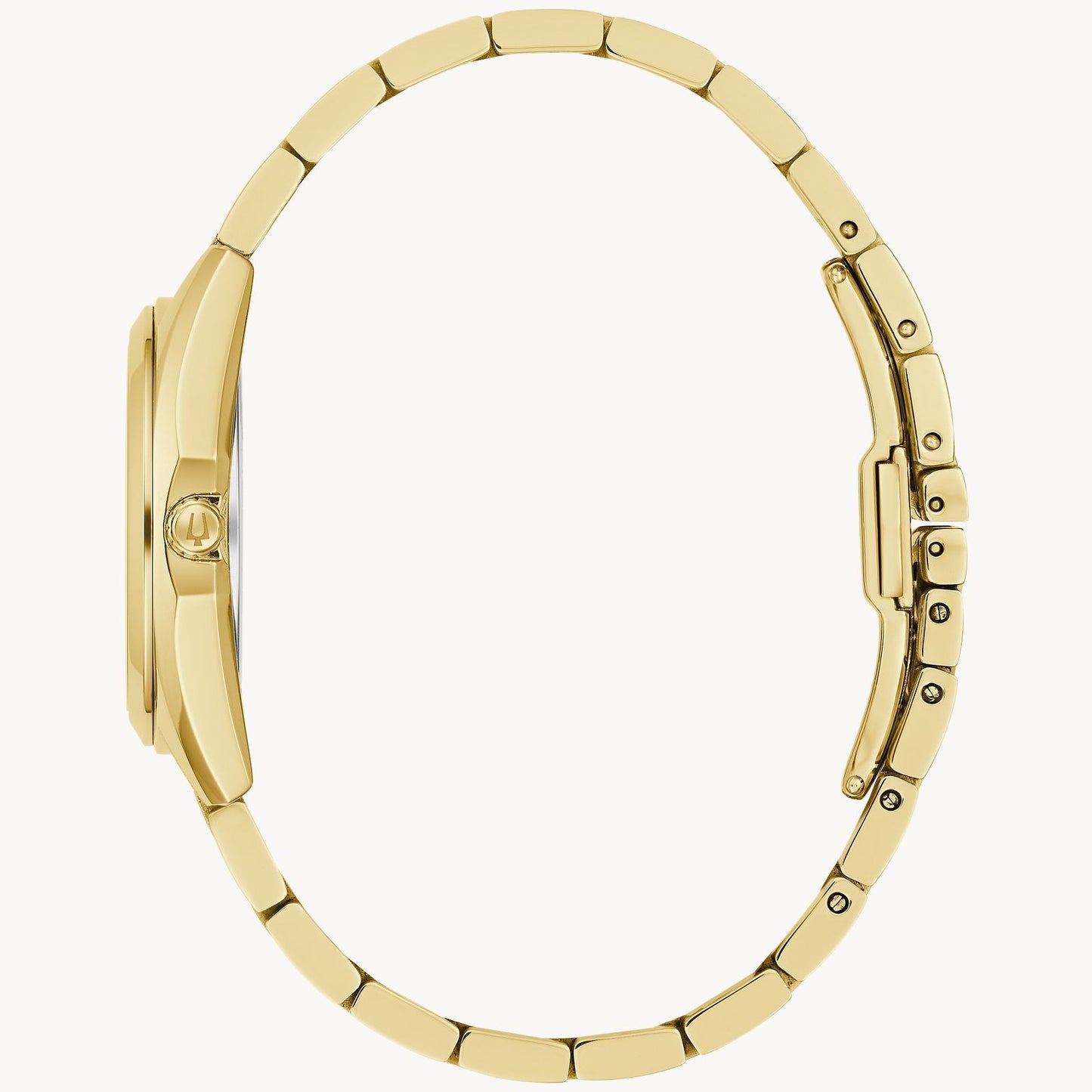 Side view of the Bulova Watch Company Ladies Surveyor with a stainless steel linked bracelet, sapphire crystal, and MOP dial, highlighting its slim profile and elegant design against a white background.