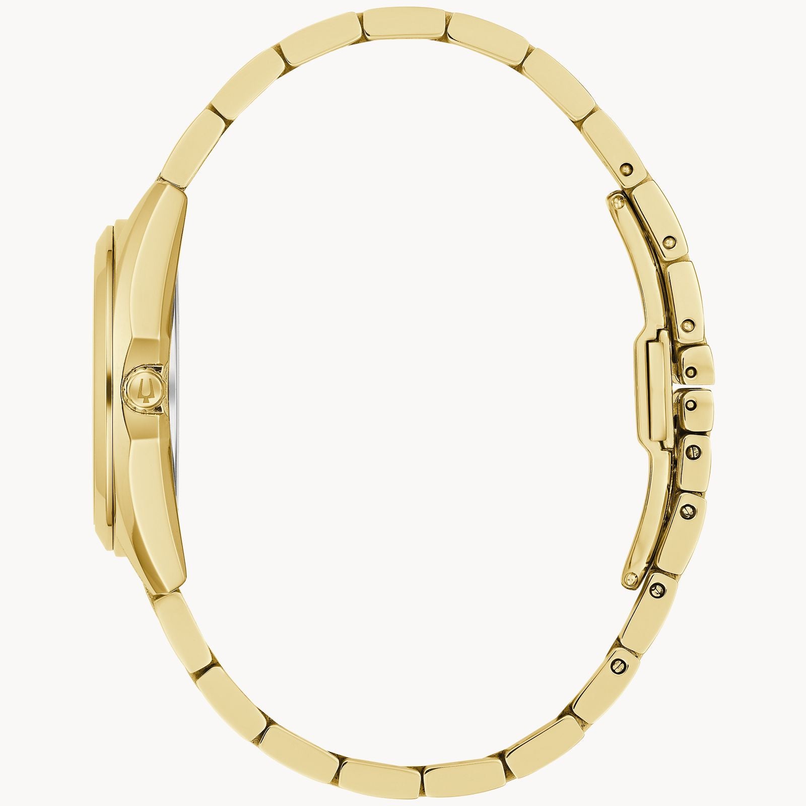 Side view of the Bulova Watch Company Ladies Surveyor with a stainless steel linked bracelet, sapphire crystal, and MOP dial, highlighting its slim profile and elegant design against a white background.