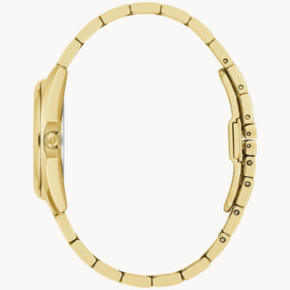 Side view of the Bulova Watch Company Ladies Surveyor with a stainless steel linked bracelet, sapphire crystal, and MOP dial, highlighting its slim profile and elegant design against a white background.