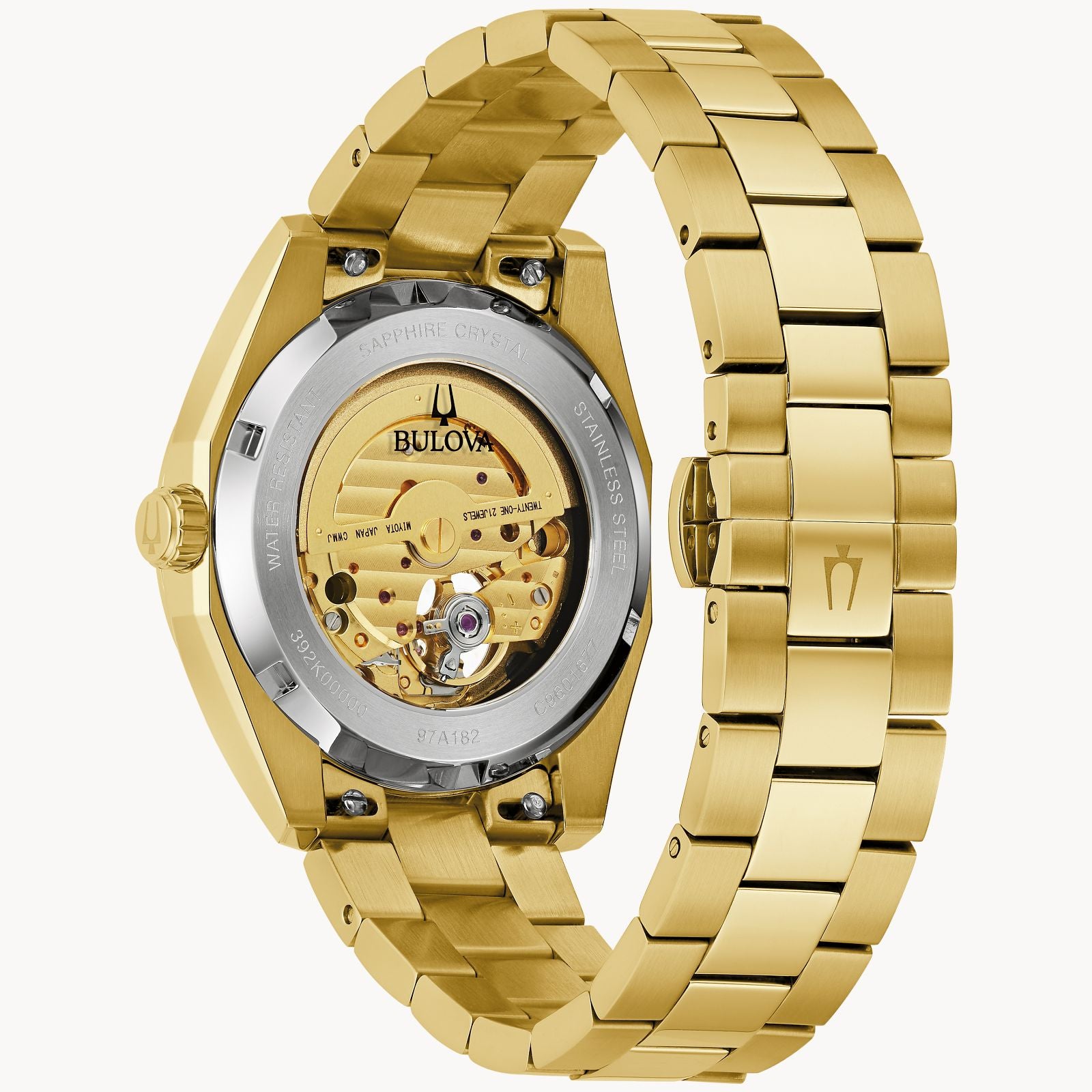 The Bulova Watch Company Surveyor M Y BR CH AUTO is an elegant men's automatic watch, featuring a gold stainless steel bracelet, engraved details, and a see-through back that reveals the inner mechanical movement.