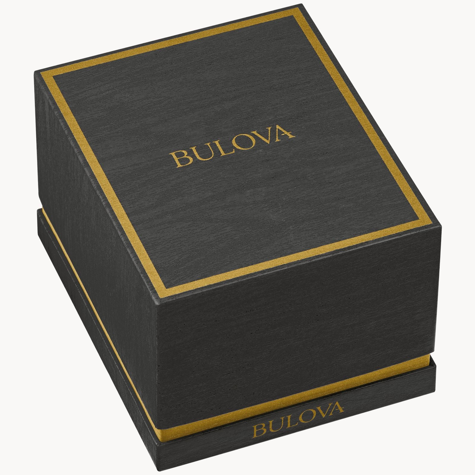 A black Bulova Watch Company box with gold trim and logo, pictured closed on a white background—ideal for presenting the Ladies Surveyor Stainless Steel watch with sapphire crystal and MOP dial.