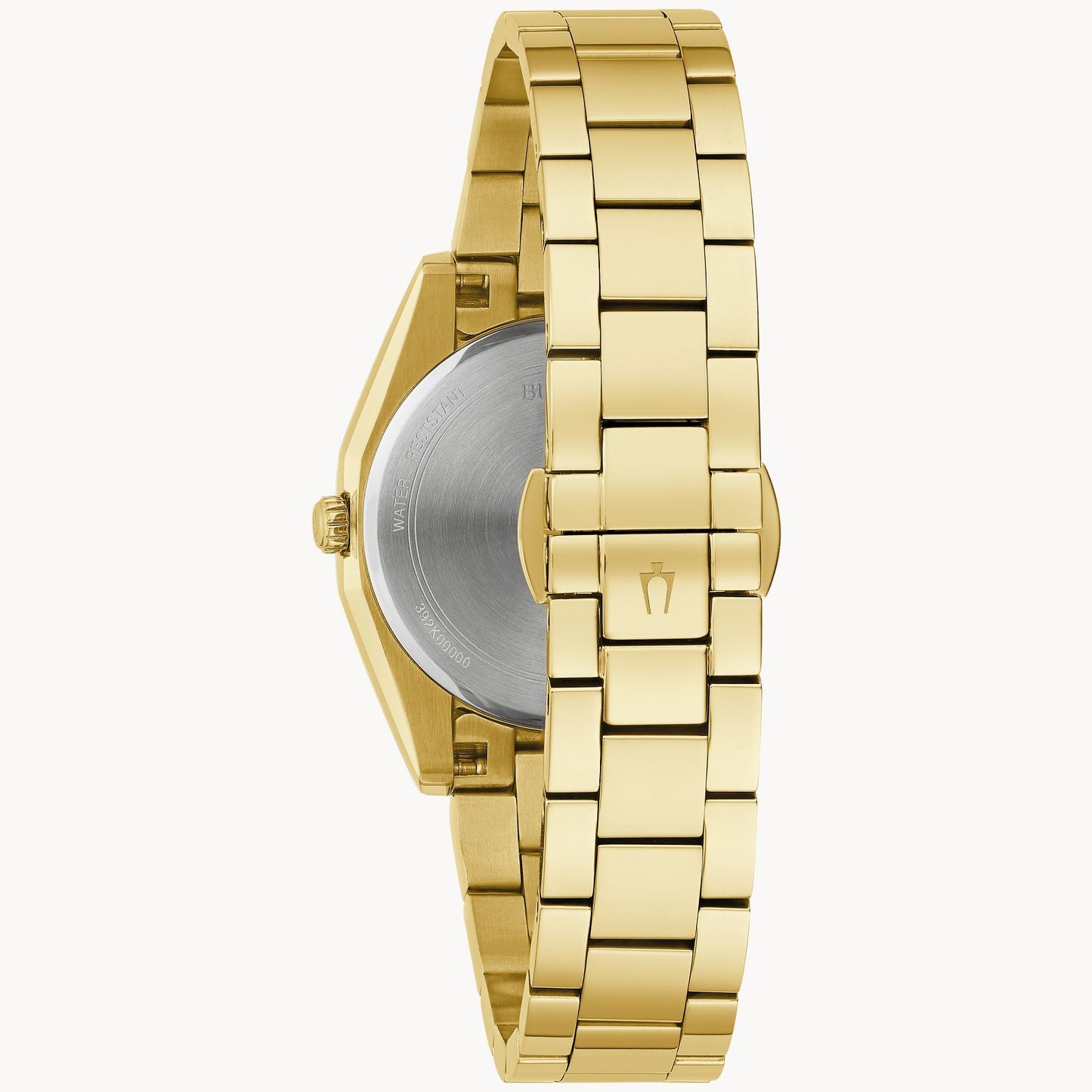 A Bulova Ladies Surveyor wristwatch is displayed from the back, featuring a polished gold-tone stainless steel bracelet, closed clasp, round silver case back, side crown, and sapphire crystal over a mother-of-pearl dial.