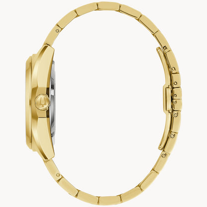 Side view of the Bulova Watch Company Surveyor M Y BR CH AUTO men’s watch, featuring a gold metal link band, round case, and showcasing the watch face thickness and bracelet clasp.