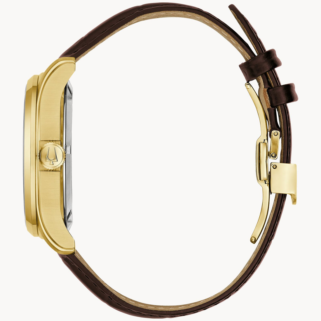 Side view of the Bulova Wilton Automatic Watch with Leather Strap by Bulova Watch Company, showing its gold-tone stainless steel case, brown leather strap, buckle clasp, and detailed crown and casing design.