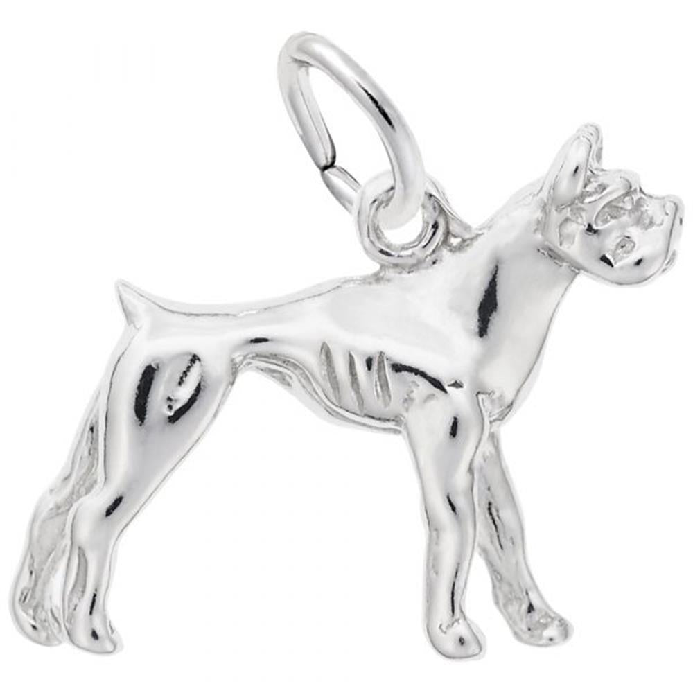 The Boxer 3D Dog Charm in Sterling Silver by Rembrandt Charms is a detailed depiction of a standing Boxer dog, complete with pointed ears and a muscular body. This sterling silver charm is perfect for any dog lover and features a small loop at the top for easy attachment to a bracelet or necklace.