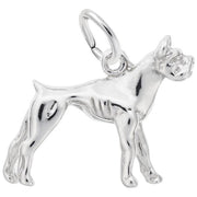 The Boxer 3D Dog Charm in Sterling Silver by Rembrandt Charms is a detailed depiction of a standing Boxer dog, complete with pointed ears and a muscular body. This sterling silver charm is perfect for any dog lover and features a small loop at the top for easy attachment to a bracelet or necklace.