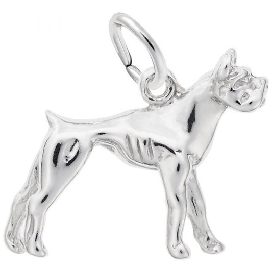 The Boxer 3D Dog Charm in Sterling Silver by Rembrandt Charms is a detailed depiction of a standing Boxer dog, complete with pointed ears and a muscular body. This sterling silver charm is perfect for any dog lover and features a small loop at the top for easy attachment to a bracelet or necklace.