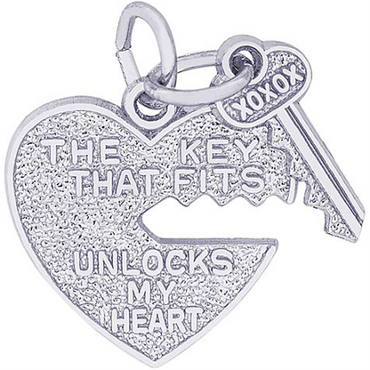 Introducing the Heart and Key charm in sterling silver by Rembrandt Charms—a romantic piece of jewelry perfect for expressing your deepest feelings. The heart is engraved with "THE KEY THAT FITS UNLOCKS MY HEART," while the key features "XOXOX," making this charm an ideal anniversary gift or heartfelt surprise for someone special.